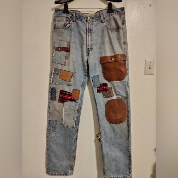 Custom Made Levi's leather,suede,denim patchwork jeans size 36x34 💥